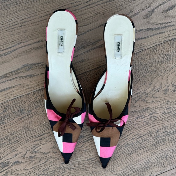 Prada Women's Pink and Brown Patterned kitten heel Mules with bow - Picture 1 of 5